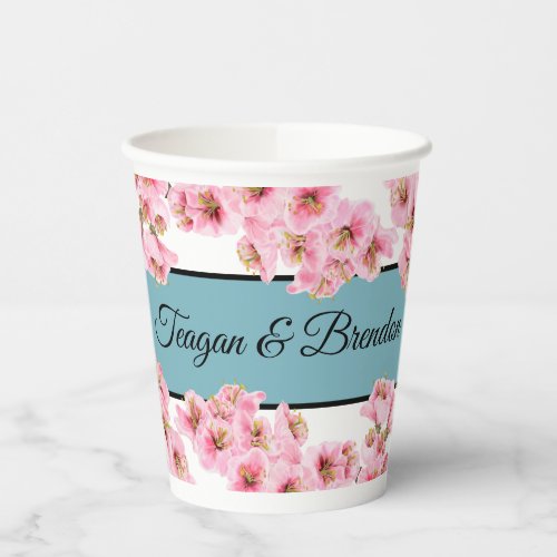 Pink cherry blossoms with blue accent paper cups