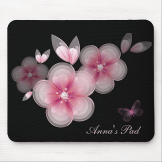 Pink Cherry Blossoms with Butterfly on Black Mouse Pad