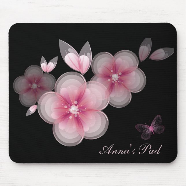 Pink Cherry Blossoms with Butterfly on Black Mouse Pad (Front)