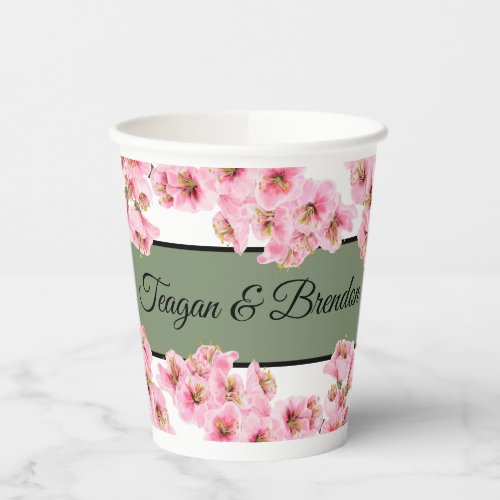 Pink cherry blossoms with sage accent paper cups