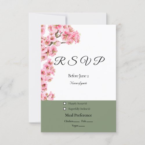Pink cherry blossoms with sage green card