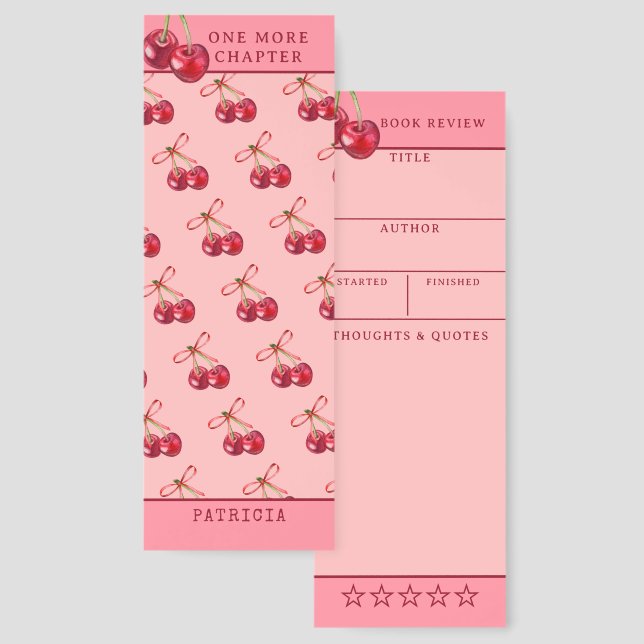 Pink Cherry Book Review Tracker | Custom Name Bookmarks (Front & Back)