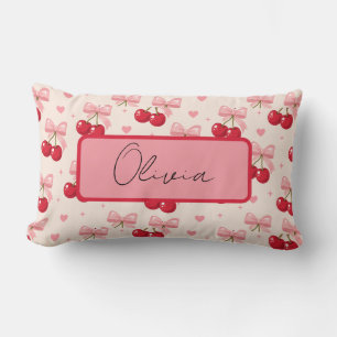 Pink Cherry Bow Coquette Throw Pillow