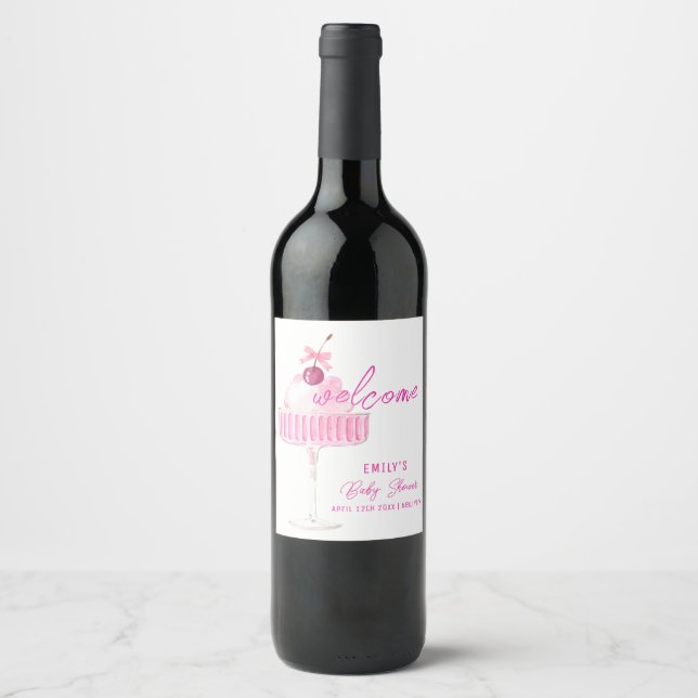 Pink Cherry Champagne Brunch Baby Shower Welcome Wine Label (Front)