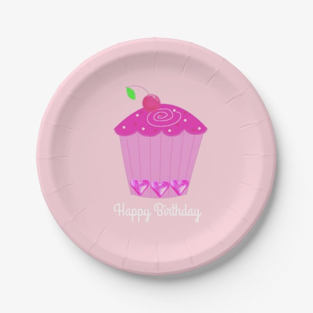 Pink Cherry Cupcake Paper Plates (Front)