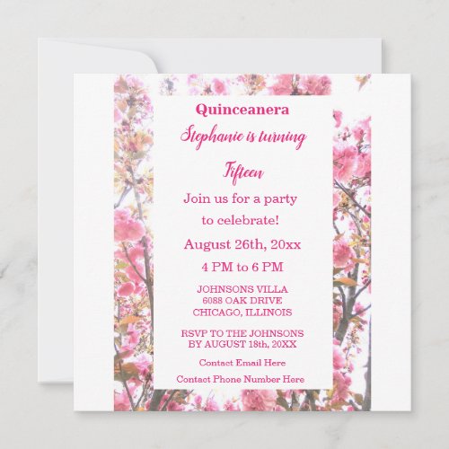 Pink Cherry Floral Quinceanera Fifteenth Birthday Invitation