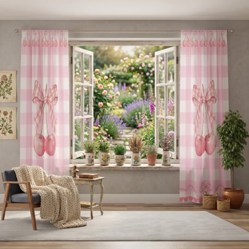 Pink Cherry Gingham Coquette Bow Sheer Window  Curtains