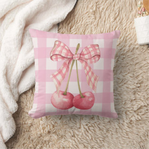 Pink Cherry Gingham Coquette Bow Throw Pillow