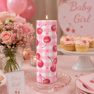 Pink Cherry Gingham Cottagecore Baby Shower Pillar Candle