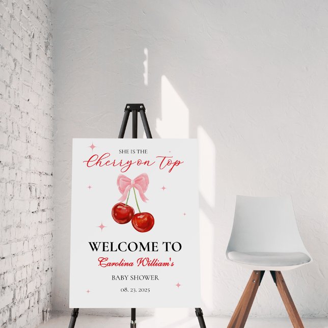 Pink cherry on top bow baby shower welcome foam board (Creator Uploaded)
