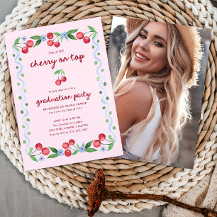 Pink Cherry on Top Whimsical Grad Party Photo Invitation