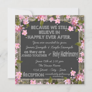 Pink Cherry Rustic Barn Wood Chalk Wedding Invitation