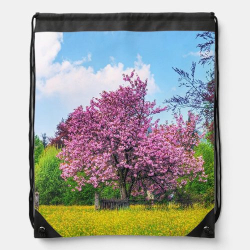 Pink Cherry Tree Blossom Landscape Drawstring Bag