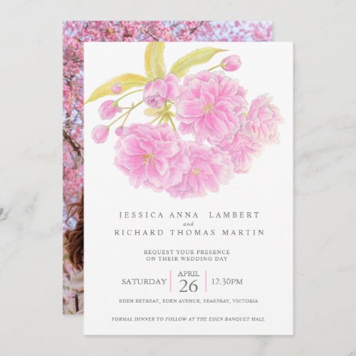 Pink cherry tree blossom watercolor photo wedding  invitation