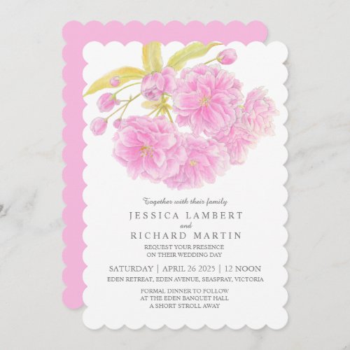 Pink cherry tree blossom watercolor wedding  invitation