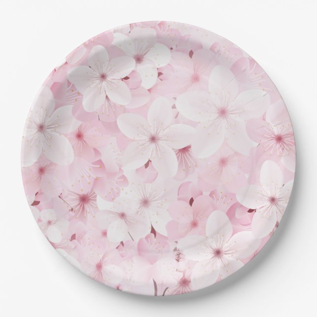 Pink Cherry Tree Blossoms Paper Plates (Front)