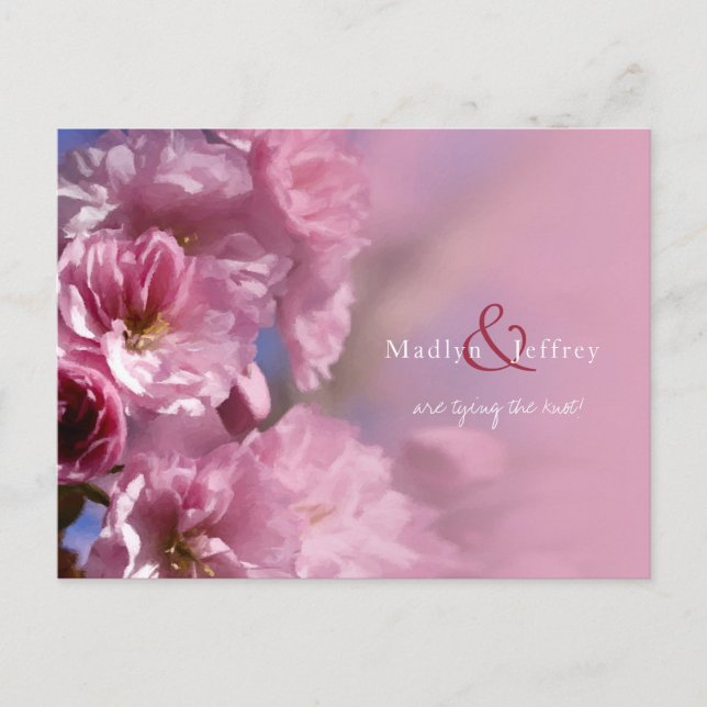 pink cherry tree blossoms spring wedding announcement postcard (Front)