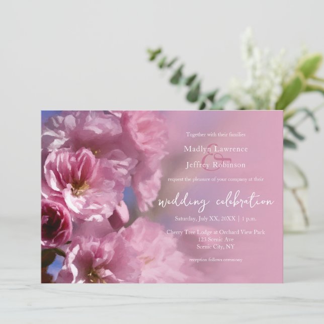 pink cherry tree blossoms spring wedding invitation (Standing Front)