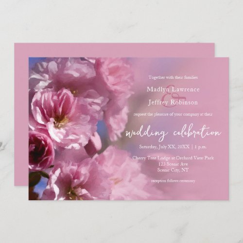 pink cherry tree blossoms spring wedding invitation