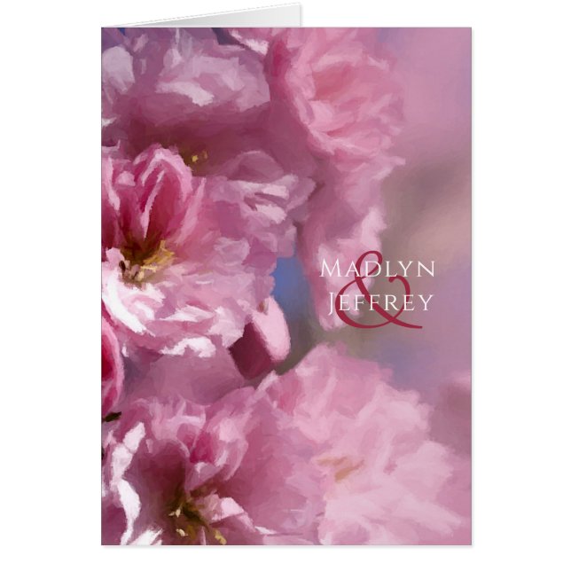 pink cherry tree blossoms spring wedding thank you cards (Front)