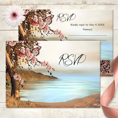 Pink Cherry Tree Ocean Butterfly Wedding RSVP Card