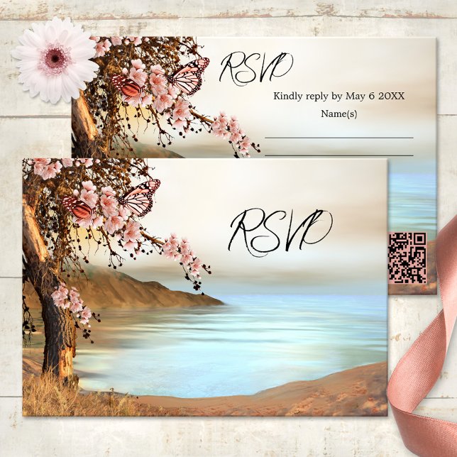 Pink Cherry Tree Ocean Butterfly Wedding RSVP Card (Spring wedding RSVP card featuring a cherry tree with pink butterflies at the waterfront)