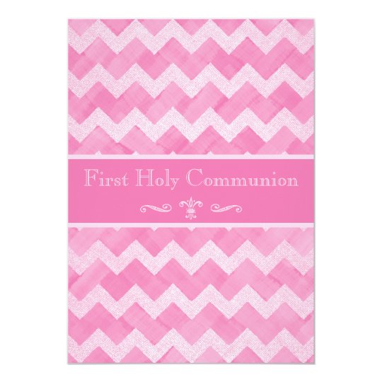 pink chevron 1st holy communion double sided print invitation