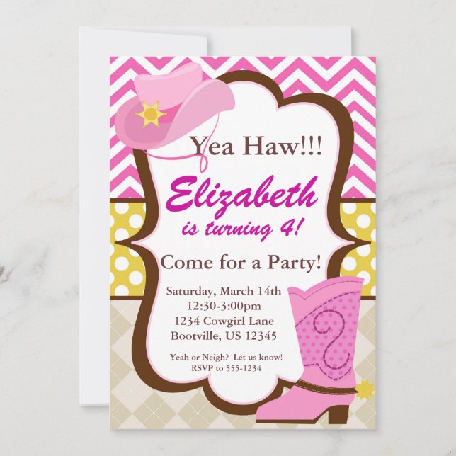 Pink Chevron and Cowgirl Boot Birthday Party Invitation (Front)