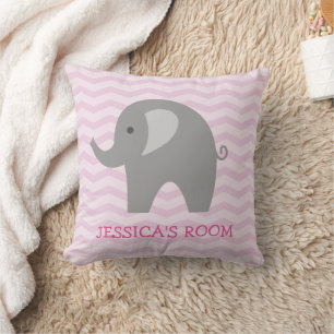Pink chevron and cute grey elephant nursery pillow