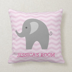 Pink chevron and cute grey elephant nursery pillow