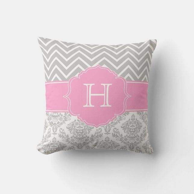 Pink Chevron and Damask Monogram Pillow (Front)