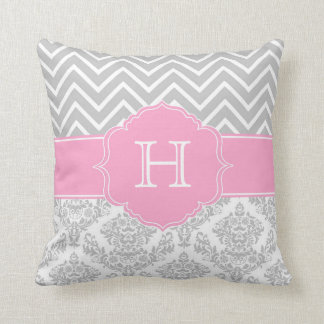Pink Chevron and Damask Monogram Pillow