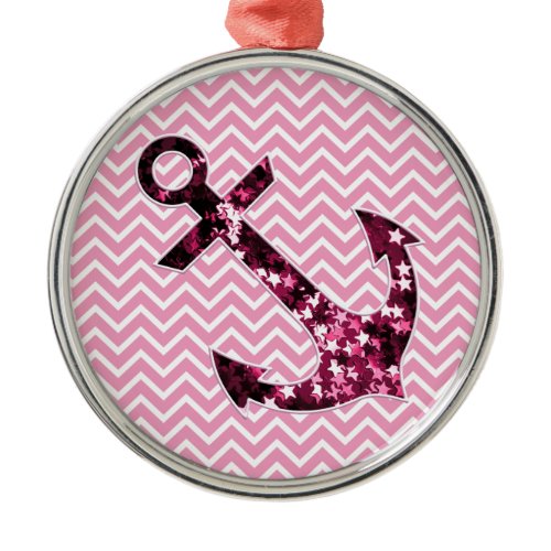 Pink Chevron and Sparkly Stars Anchor Metal Ornament