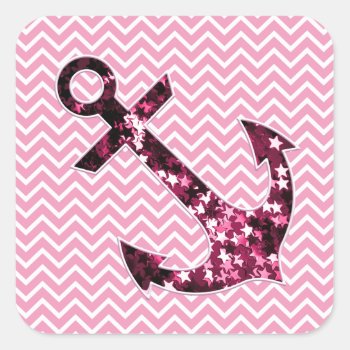 Pink Chevron And Sparkly Stars Anchor Square Sticker by RosaAzulStudio at Zazzle