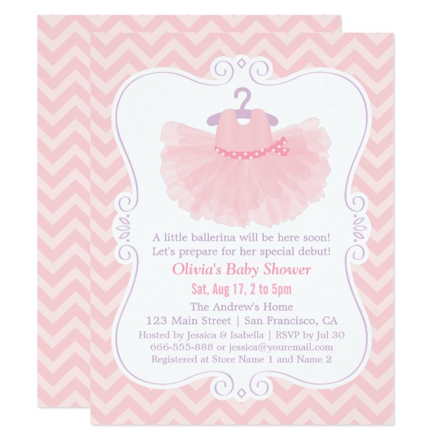 Pink Chevron Ballerina Tutu Girl Baby Shower Invitation