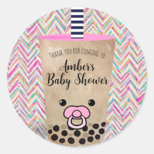 Pink Chevron Boba Tea Baby Shower Thank You Classic Round Sticker