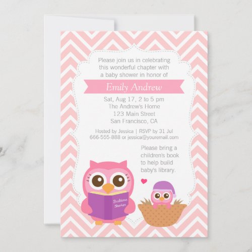Pink Chevron Book Themed Owl Baby Shower Party Invitation