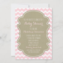 Pink Chevron Burlap Baby Shower Invitations