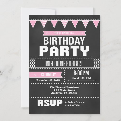 Pink Chevron Chalkboard Birthday Invitation