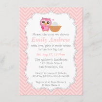 Pink Chevron, Cute Owl Baby Shower Invitation