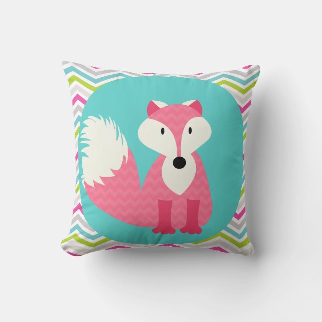 Pink Chevron Fox on Aqua Throw Pillow (Front)