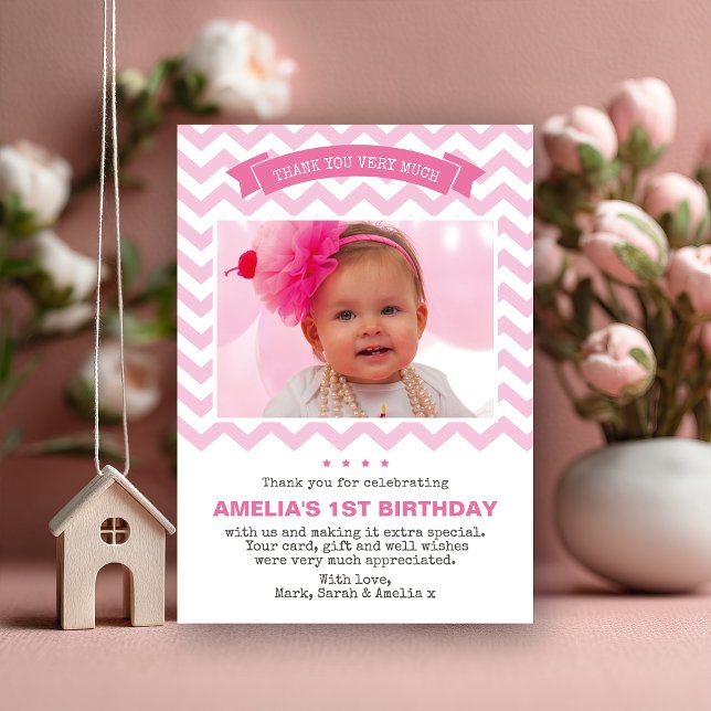 Pink Chevron Girl 1st Birthday Thank You Card (Pretty in pink 💕 A sweet way to thank family and friends for celebrating your little girl’s first b)