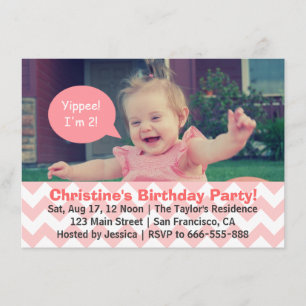 Pink Chevron Girl Birthday, Speech Bubble, Turns 2 Invitation
