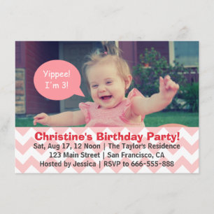 Pink Chevron Girl Birthday, Speech Bubble, Turns 3 Invitation