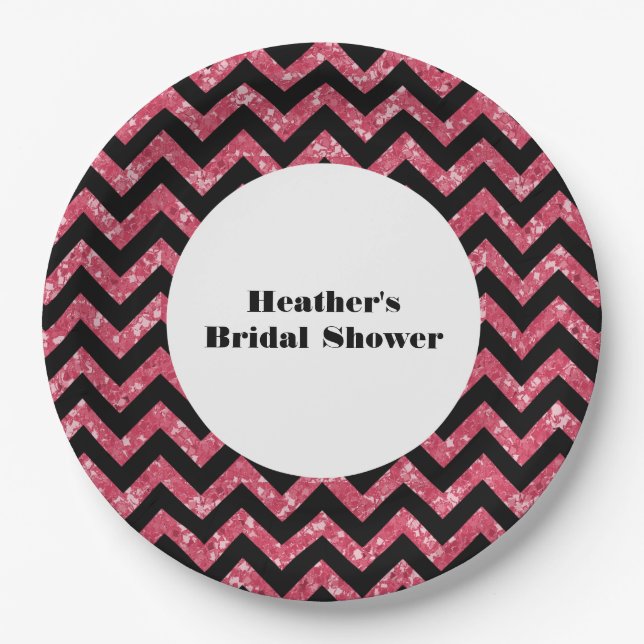 Pink Chevron Glitter Bridal Shower Plates (Front)