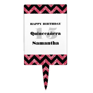 Pink Chevron Glitter Quinceañera Cake Pick