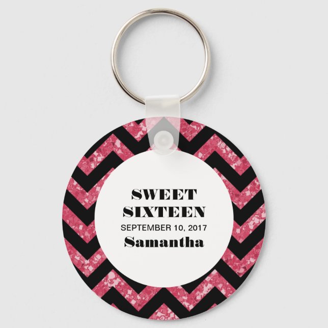 Pink Chevron Glitter Sweet 16 Keychain (Front)