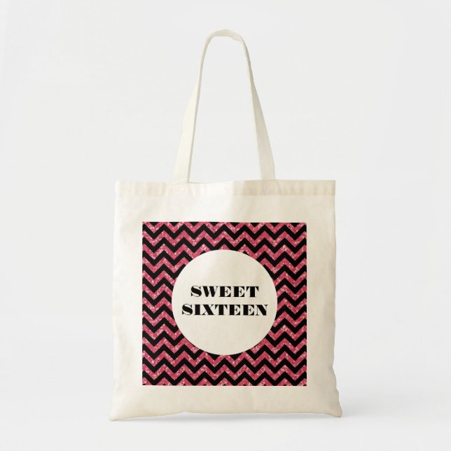Pink Chevron Glitter Sweet 16 Tote Bag (Front)