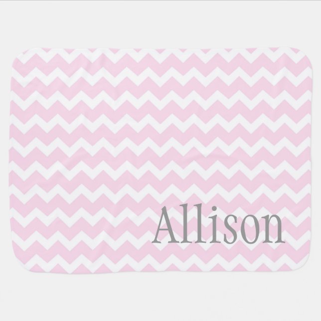 Pink Chevron Grey Custom Name Baby Blanket (Horizontal)