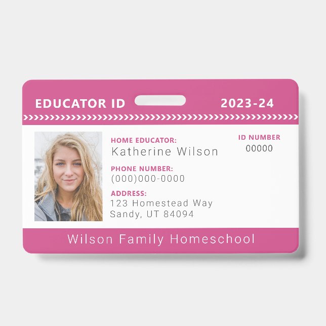 Pink Chevron Homeschool Educator ID Badge (Front)
